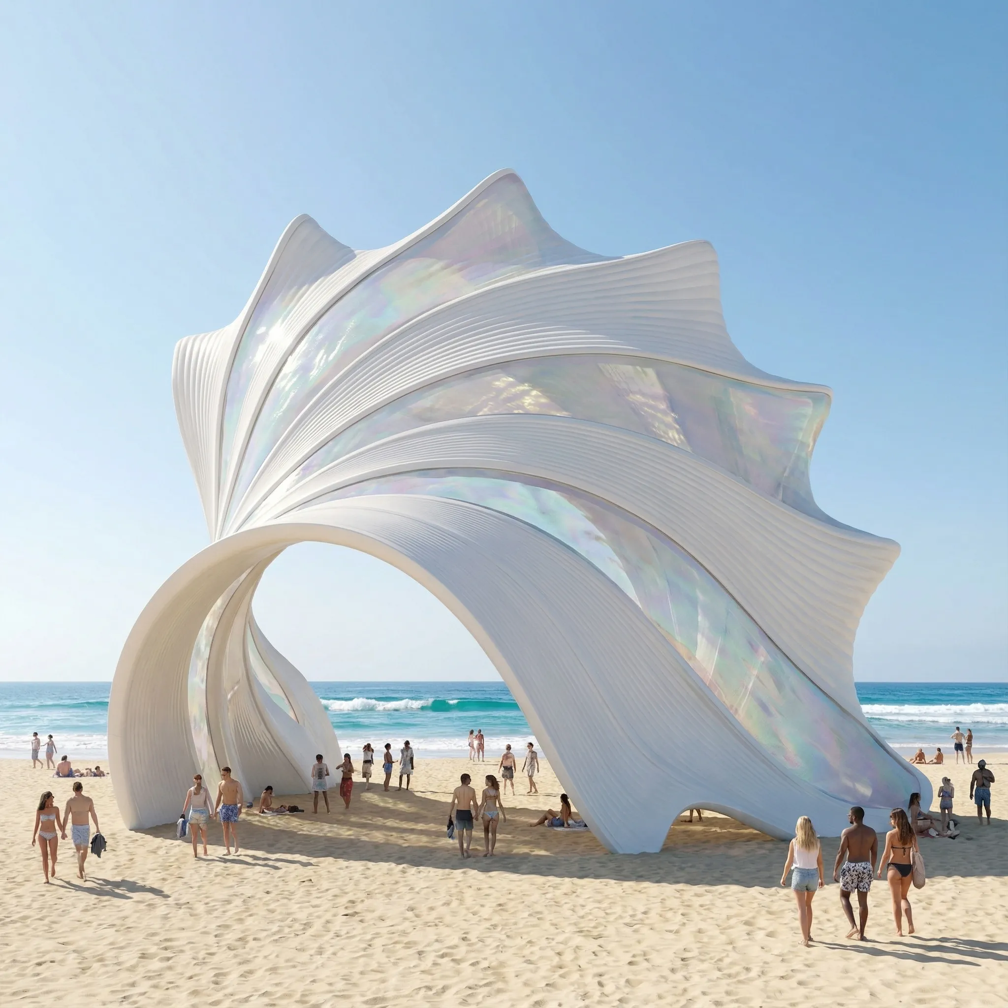 Iridescent shell-like pavilion on a beach with people walking underneath.