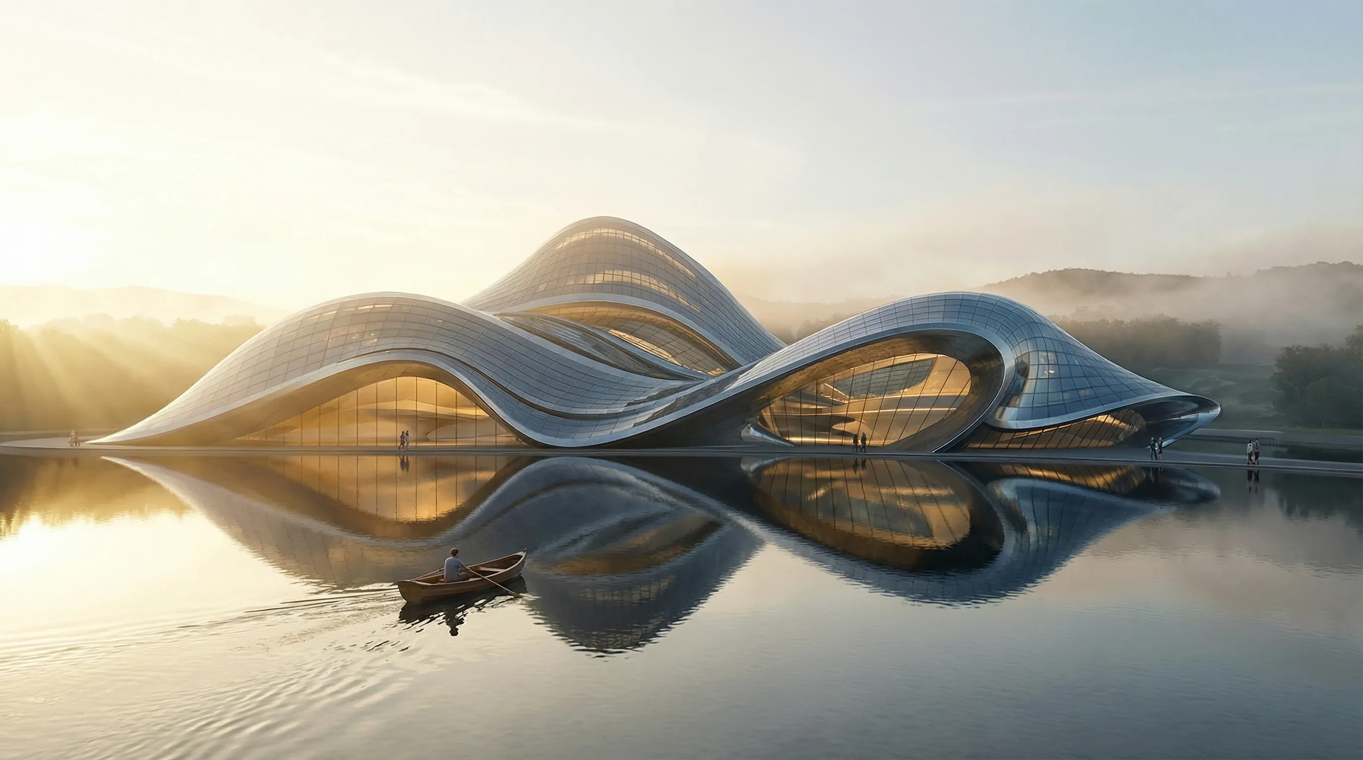 Crystalline glass tower rising on a city street at dusk with traffic light trails.