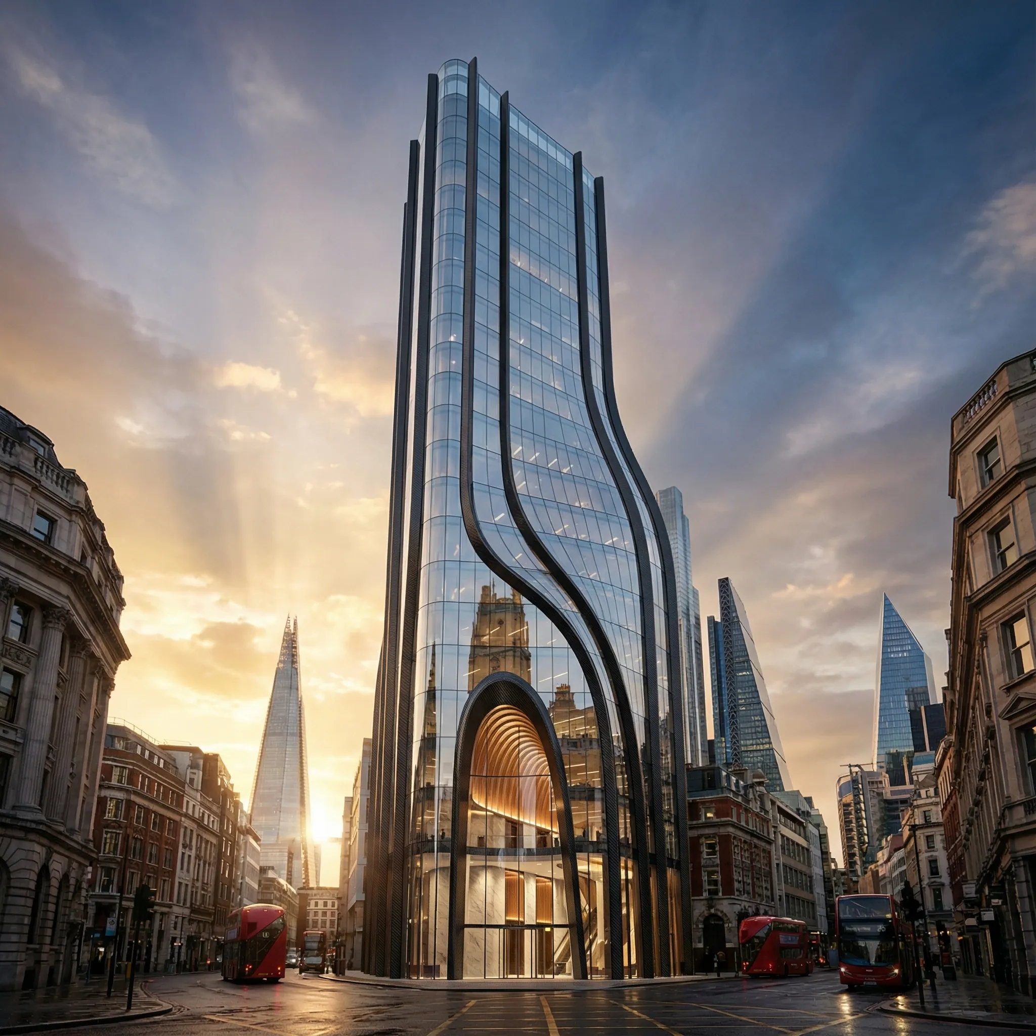Curved glass tower with arched entrance on a London street at sunset.