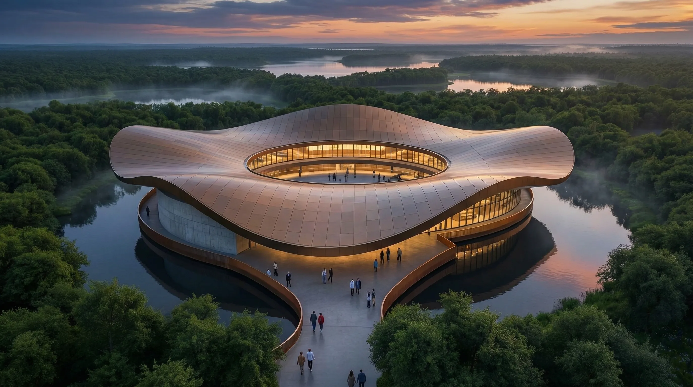 Fluid, wave-like cultural center reflected on calm water at sunrise.