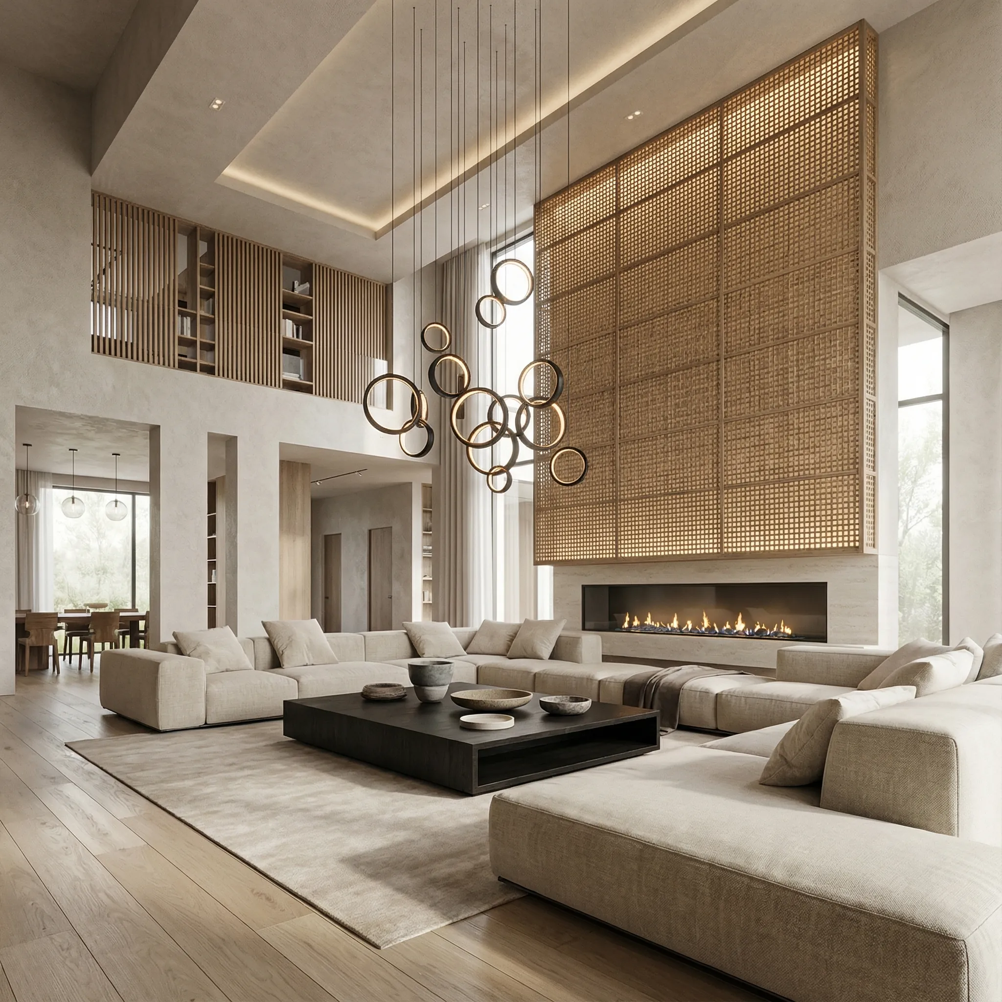 Luxury double-height living room with sculptural chandelier and linear fireplace.