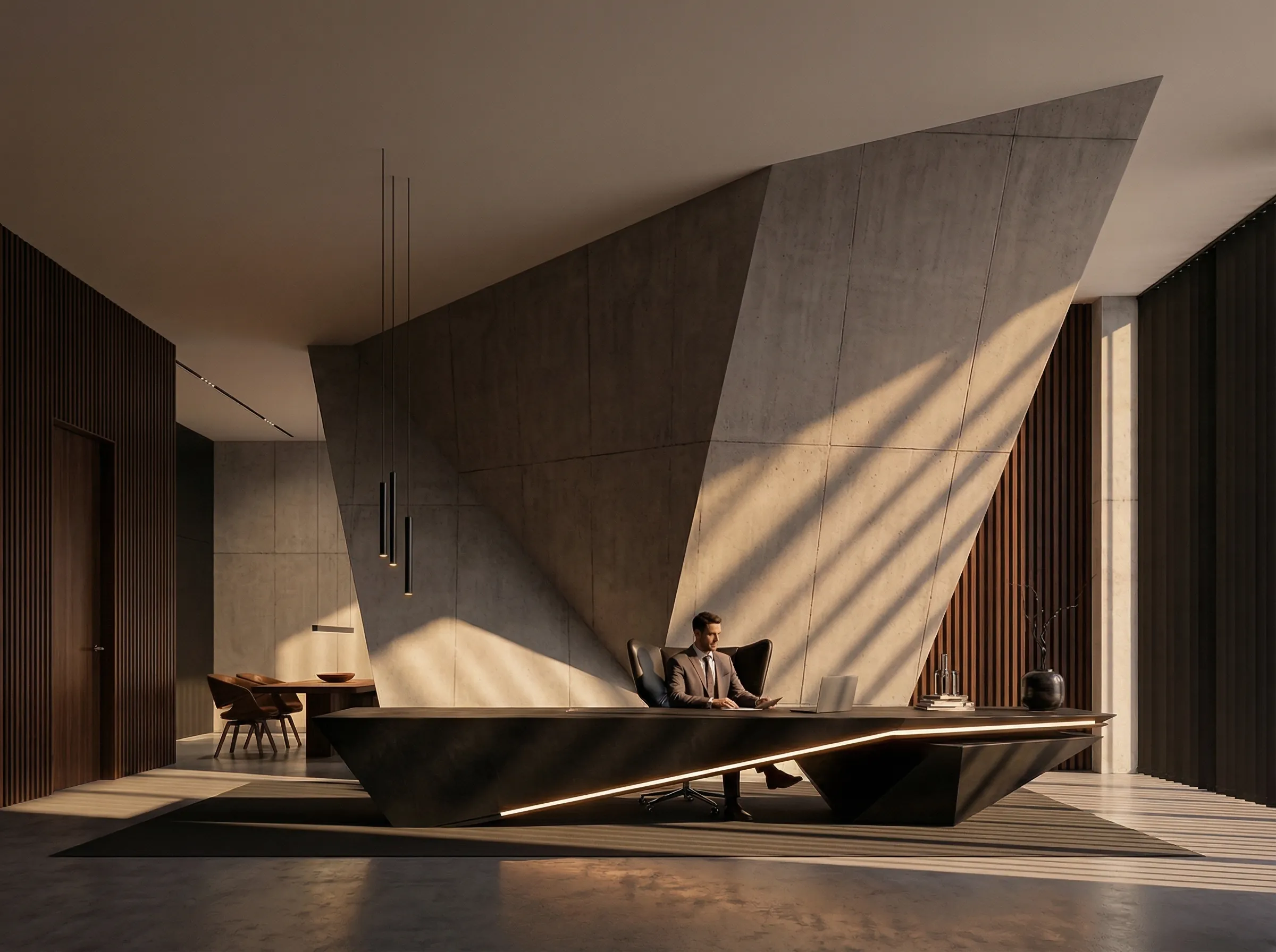 Minimalist concrete office with sculptural angular wall and executive desk.