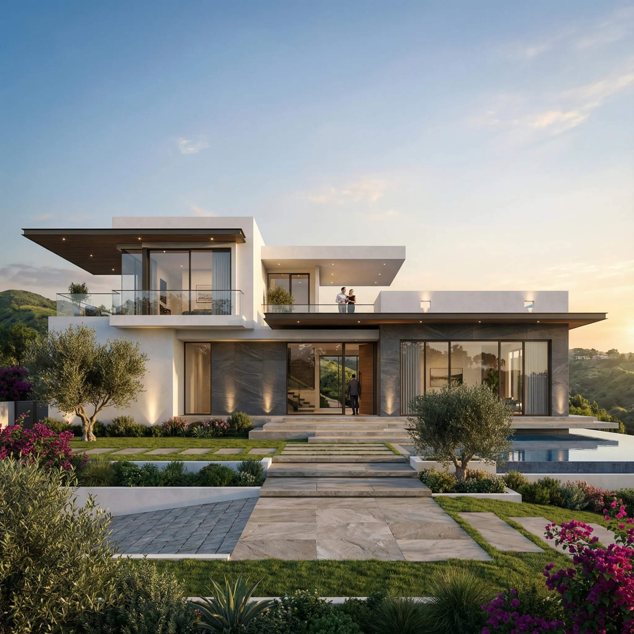 Modern hillside villa with terraces, garden paths, and infinity-edge pool at golden hour.