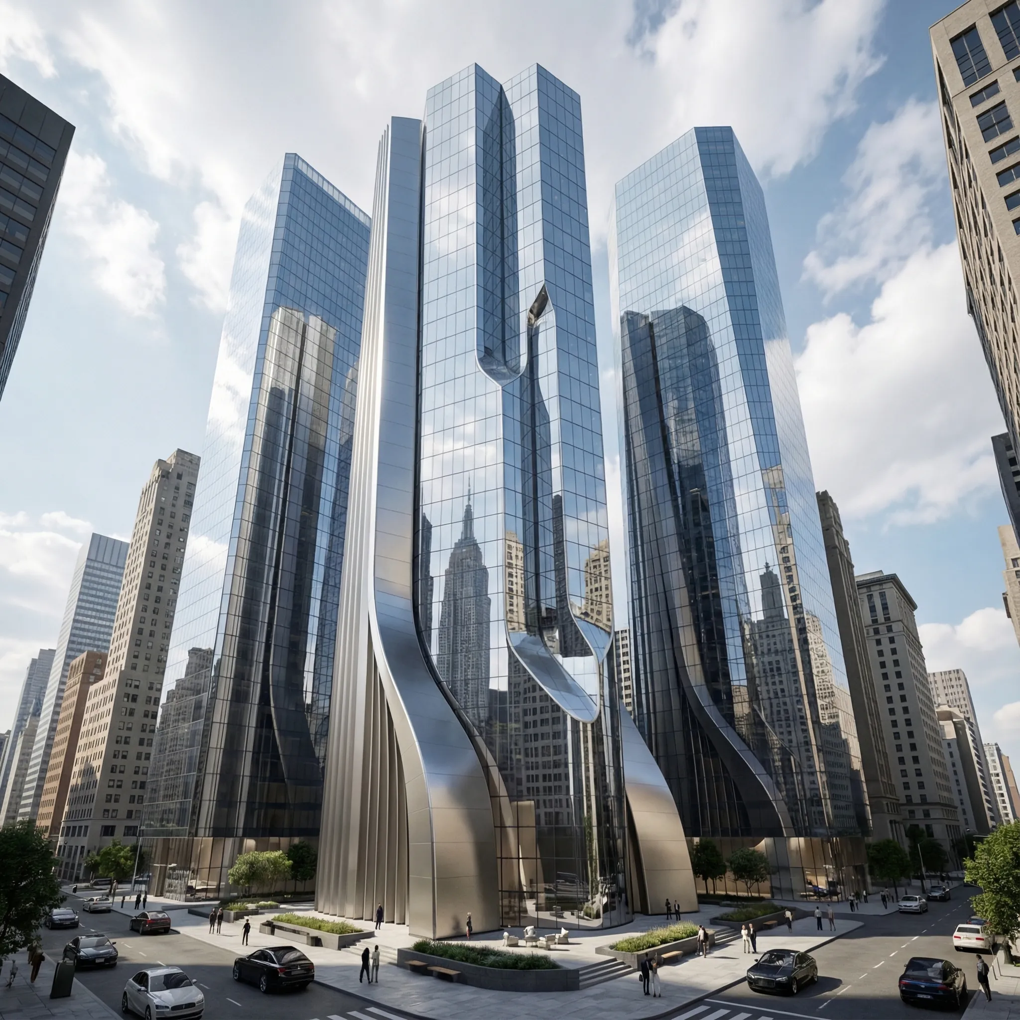 Sculptural glass towers with flowing metallic bases in a downtown skyline.