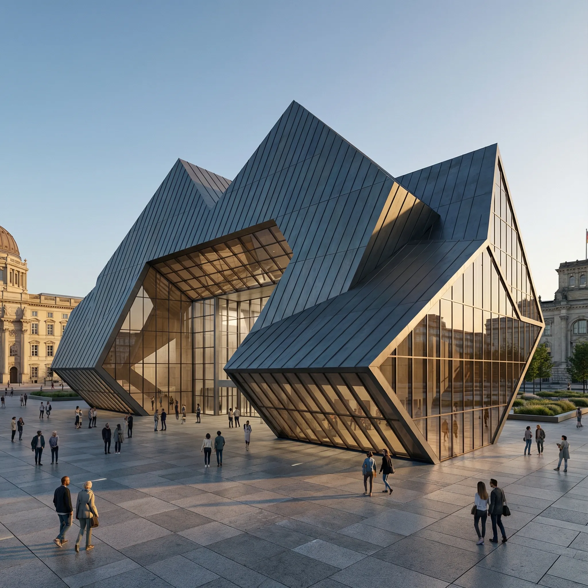 Timber-clad residential complex with cascading green balconies in an urban block.