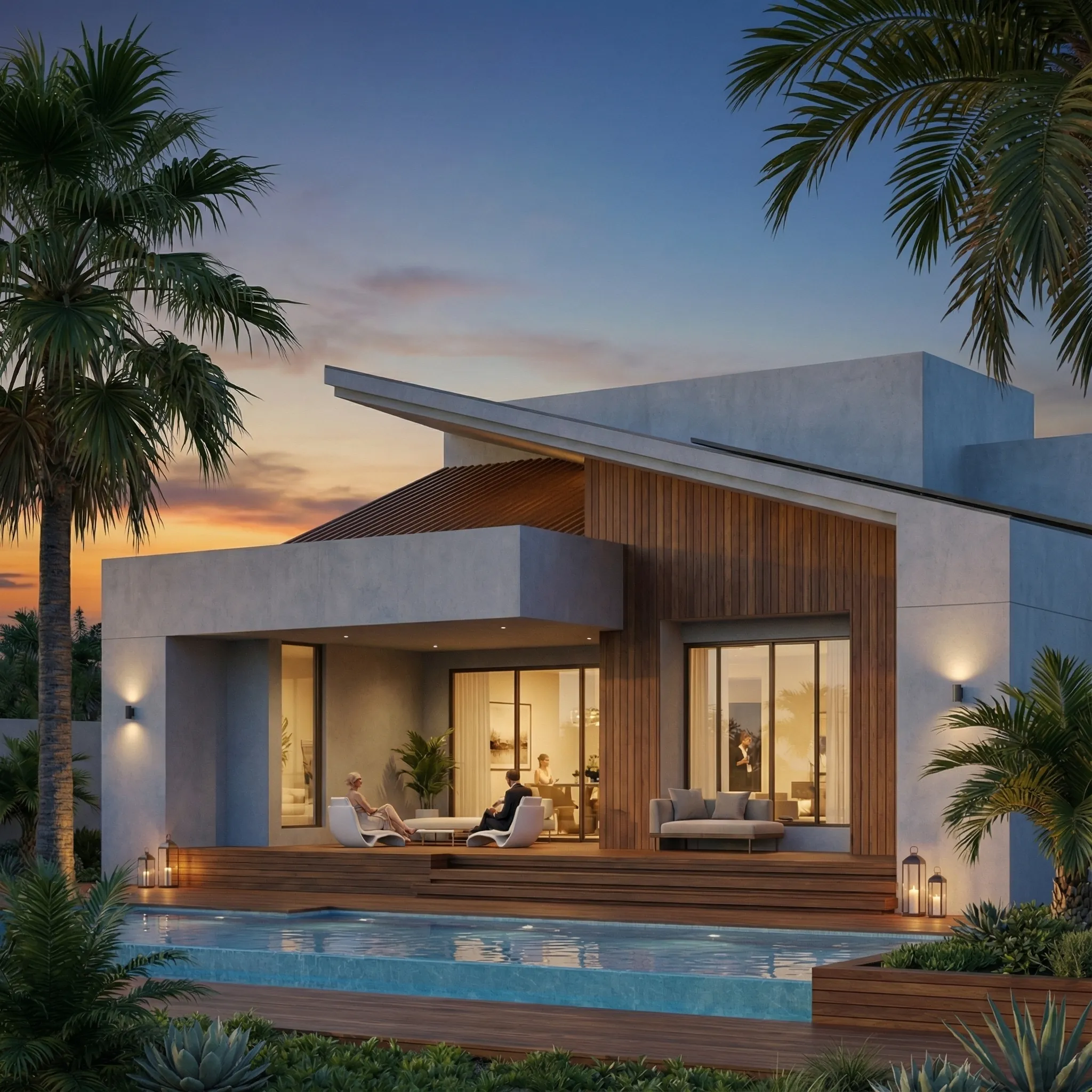 Tropical modern villa with poolside lounge and palm trees at sunset.